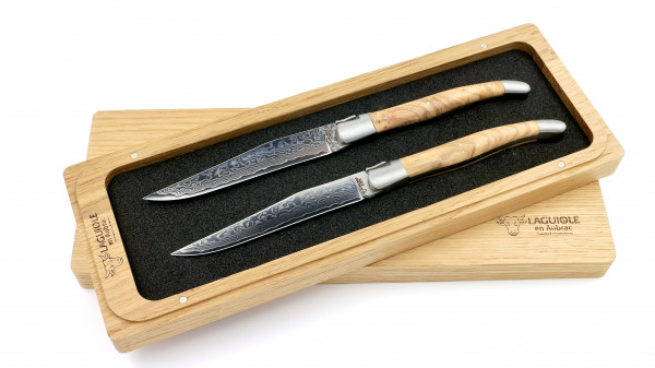 Laguiole en Aubrac Laguiole Steakmesser Olive mit Damastklinge Set 2-tlg.